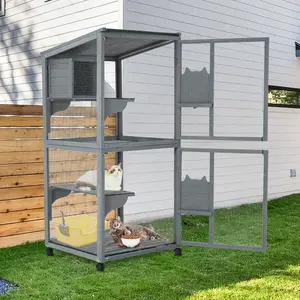 69" Wooden Large 2-Tier Catio Enclosur,Indoor and Outdoor Cat House with Waterproof Roof and Resting Boxes & Fixable Wheels,Wooden Catio Outdoor Cat Enclosure,Gray