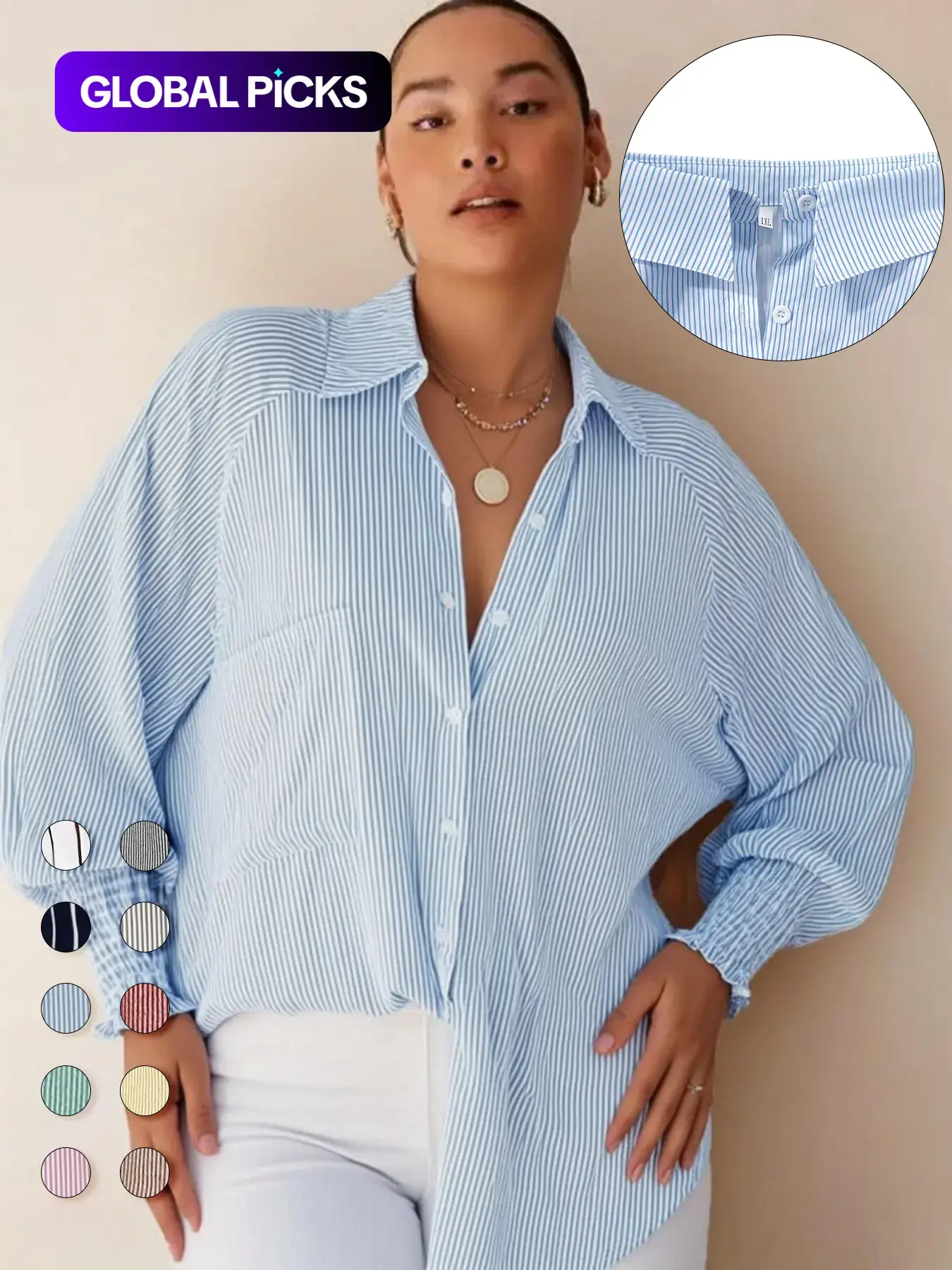 Plus Size Striped Print Button Front Pocket Shirred Blouse Shirts, Casual Bishop Sleeve Top for Daily Holiday Wear, Women's Clothes for Spring & Fall