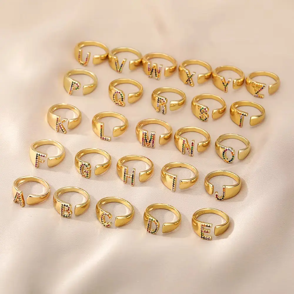 14K Gold Plate Balloon Jumbo Letter Rings Open Adjustable Dainty Pave CZ Personalized Colorful A-Z Initial Fashion Cuff Ring Resizable Knuckle Rings Daily Vacations, Party Wear, Jewelry, Holiday Gift