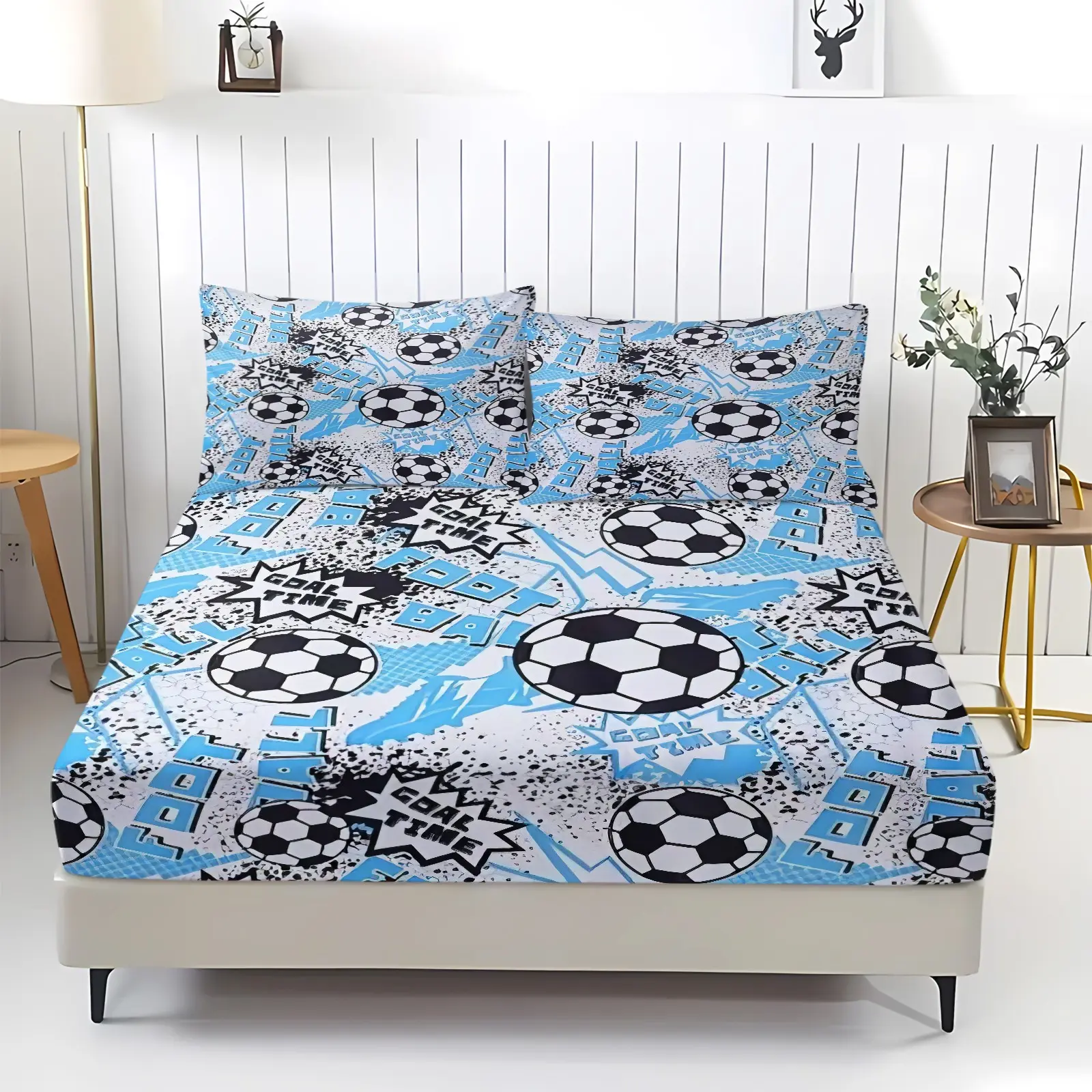 3pcs Soccer Theme Print Fitted Sheet Set, Soccer Graffiti Digital Print Bedding Set, Soft And Breathable Microfiber Sheets, Polyester Bedding, For Teenagers' And Boys' Bedrooms/Dormitory Decoration, All Seasons, Includes 2 Pillowcases