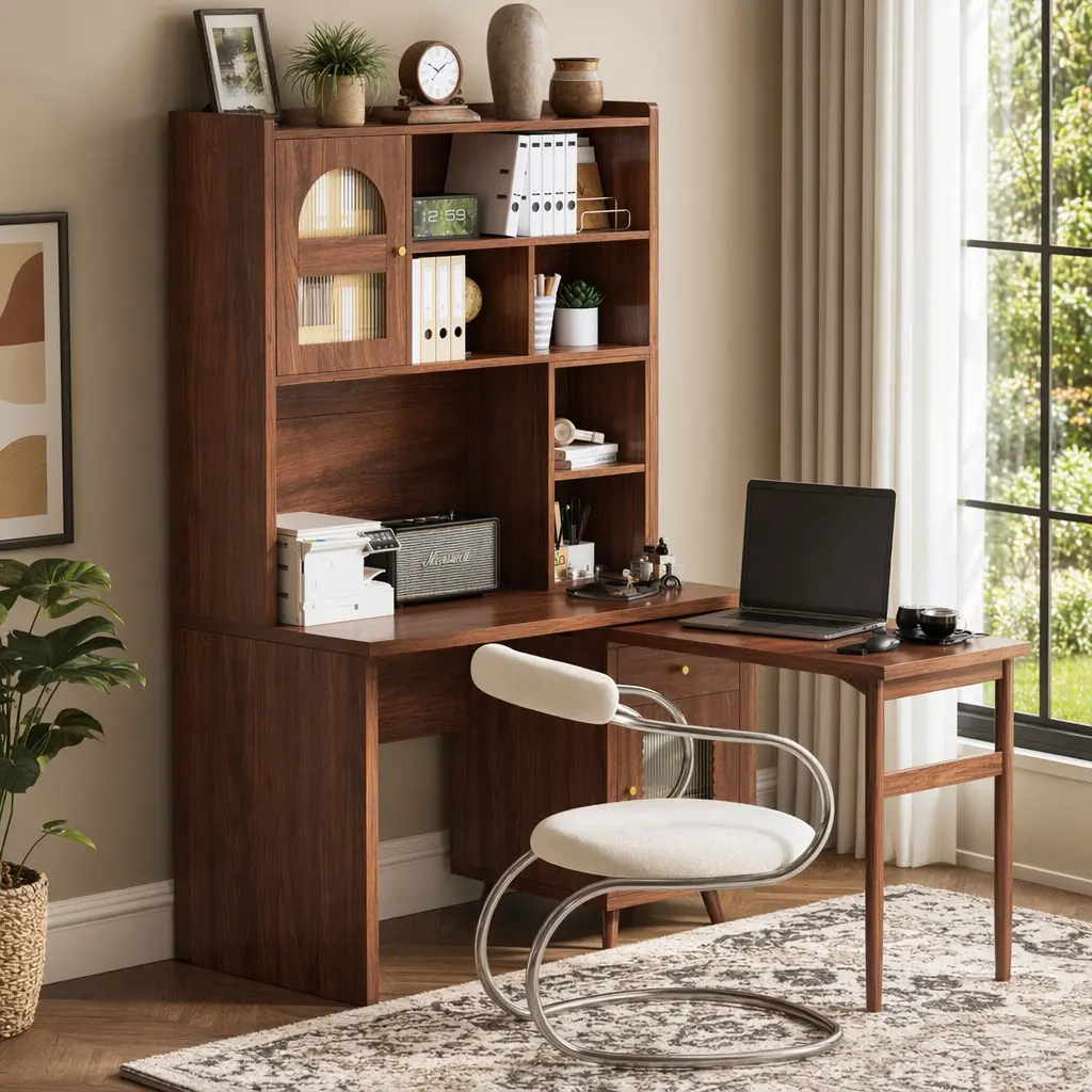 ARCH Furniture 43.1" x 21.6" x 70.1" All-in-One Computer Desk with 90° Rotating Desktop, Storage Drawer, Cabinets & Shelves, Includes Adjustable Swivel Chair, for Home Office & Gaming, Easy Assembly