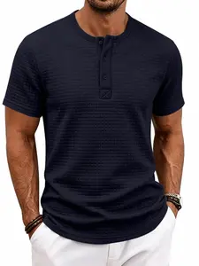 8 Colors Available Men's Grid Waffle Knit Henley Short Sleeve T-Shirt, Summer Breathable Textured Solid Color Top, Loose Slimming Casual Base Layer Tee, Wrinkle-Resistant Quick-Dry Athletic Polo Shirt, Versatile Men's Clothing for Commuting, Fitness, Beac