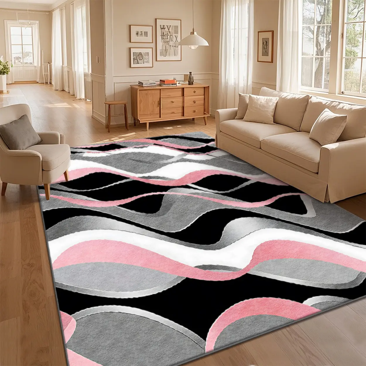 Local Delivery Multi Sizes Velvet Pink Black White Alternating Wavy Layer Abstract Rug Washable Non Slip Boho Farmhouse Runner Nursery Indoor Decor Rug