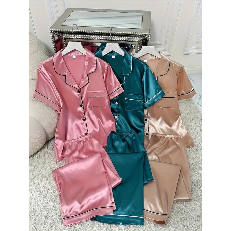 3 Sets Women's Solid Satin Casual Pajama Set, Short Sleeve Buttons Lapel Top & Pants, Comfortable Relaxed Fit
