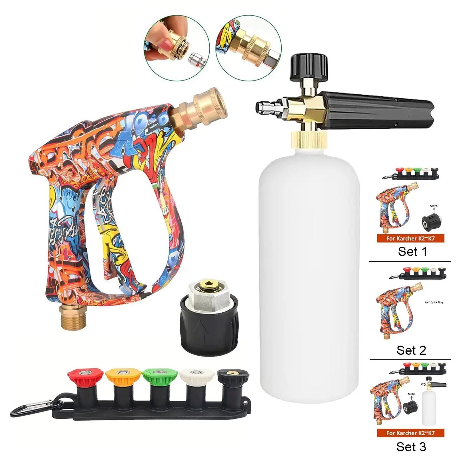 Pressure Washer Water Gun Kit for Car Cleaning Car Wash Tool Hose Connector For Karcher Quick Connector Adapter and Nozzles Set，Provide three different content options