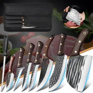 MDHAND 8Pcs Kitchen Chef Knife Set Professional, High Carbon Steel, Hand Forged Butcher Knife, Meat Cleaver Boning Knife Viking Knife, with Roll Bag, Best Gift#DealsForYouDays