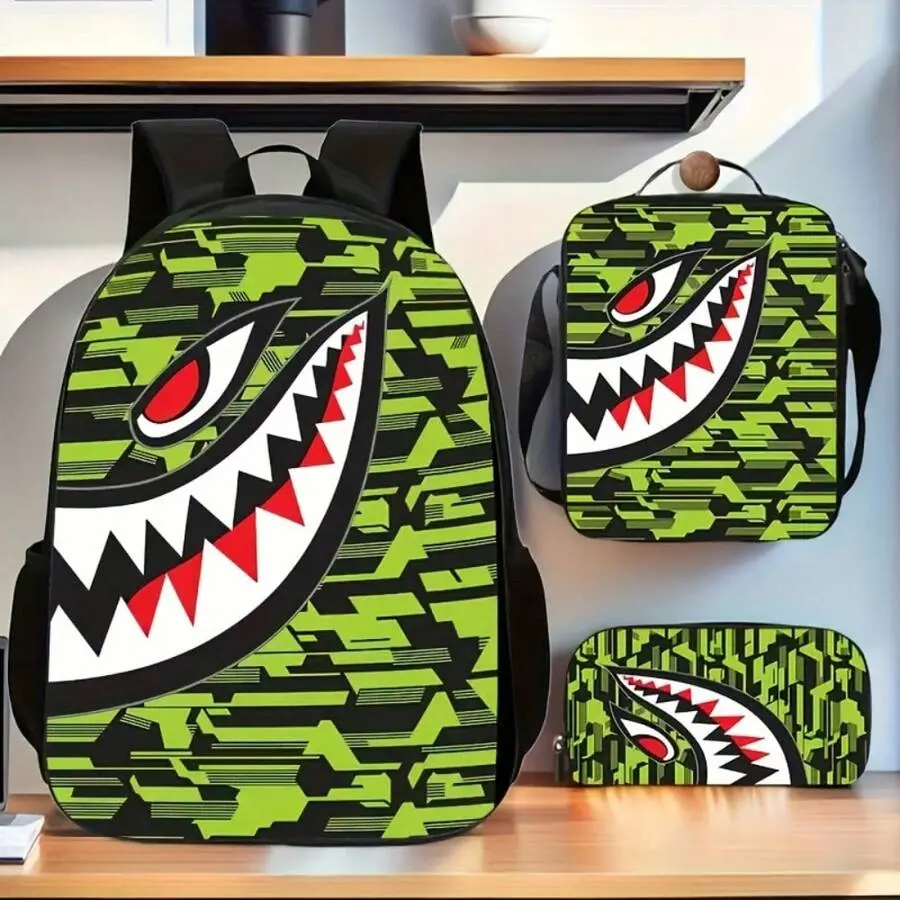 3pcs Backpack Set Shark Mouth Camo Graphic Includes Durable Large-Capacity Bookpack & Insulated Lunch Bag & Multi-Functional Pencil Case Adjustable Strap And Zipper Compartments For School Daily Outdoor Travel Gifts, 17in Bookpack