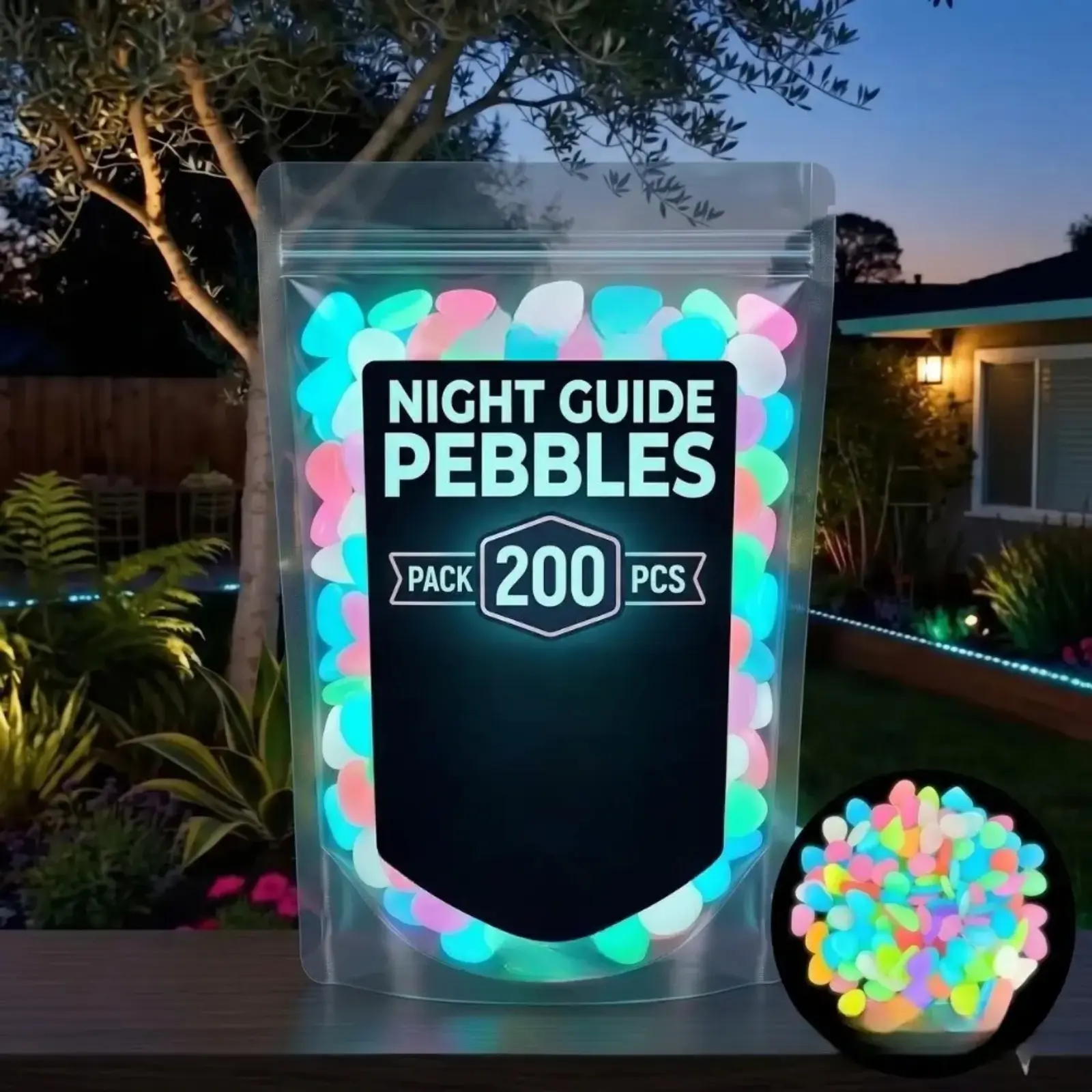 200Pcs Glow in The Dark Pebbles Stones, Multi Color Luminous Garden Rocks, Night Glowing Decorative Pebble for Yard Pathway Aquarium Fish Tank