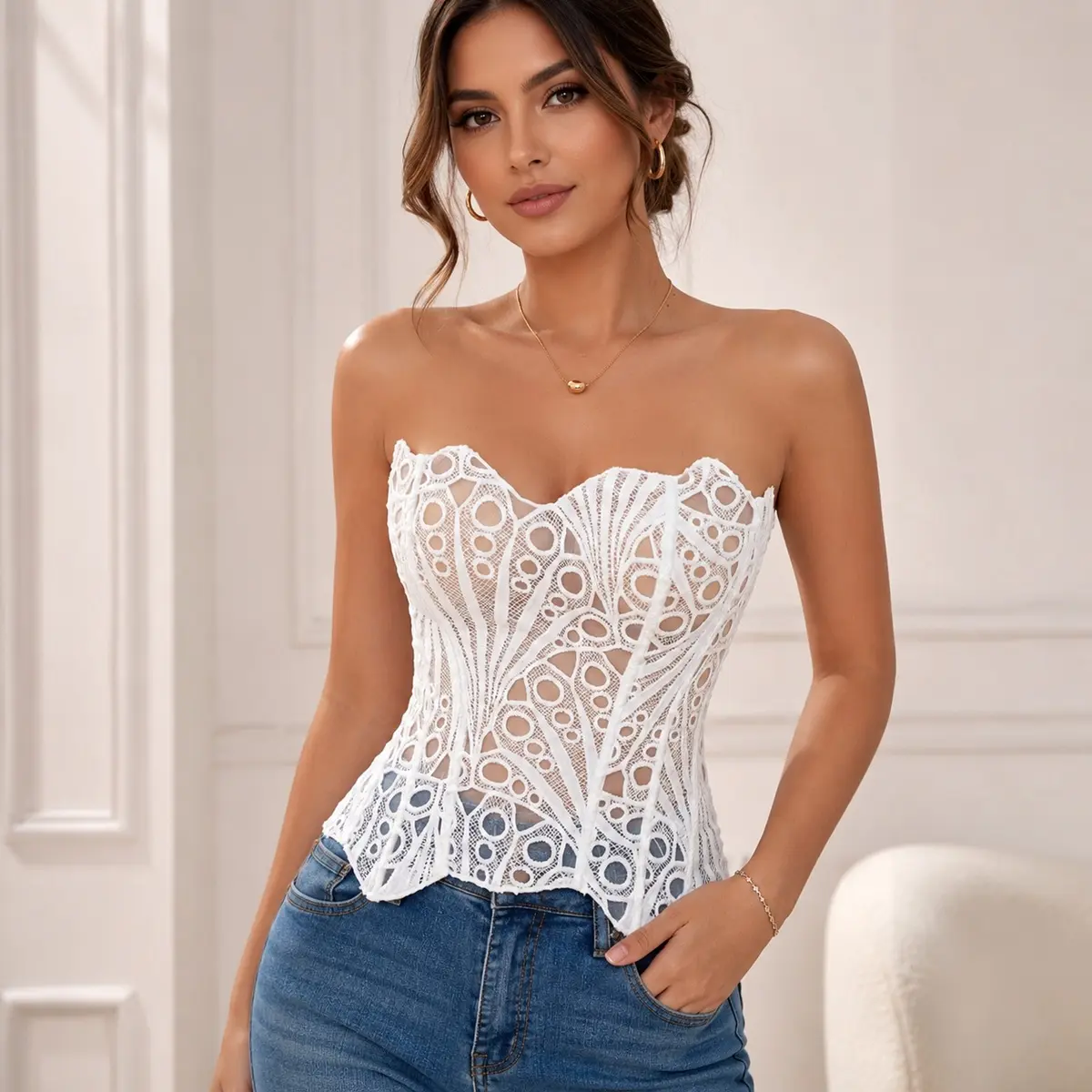 Women's Strapless Floral Corset Top, Breathable Mesh Back Tie Bodycon Bra, Y2K Sexy Lace Bodysuit, Slim Fit Crop Tank, Chic, Elegant, Elegance