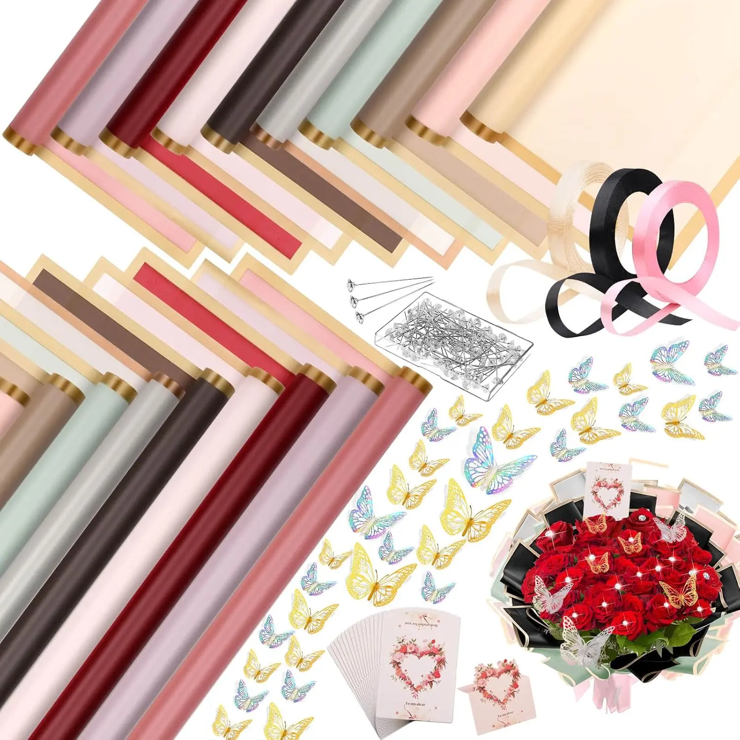 187 count Flower Bouquet Wrapping Paper Kit Includes 40 Floral Paper, 24 Butterflies, 100 Bouquet Pins, 3 Ribbons and 20 Greeting Cards for Mother's Day Wedding  Shower Graduation