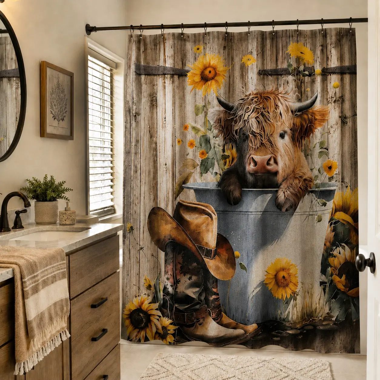 1/4pcs Cow and Sunflower pattern bathroom decoration set, Bathroom Supplies, Bathroom Decor and Accessories, Aesthetic Bathroom Decor, non-slip floor mat, U-shaped carpet, toilet lid cover, free 12 shower curtain hooks