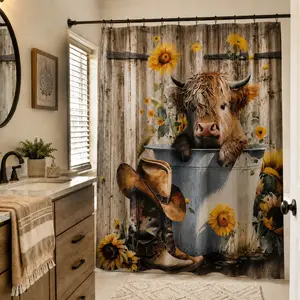 1/4pcs Cow and Sunflower pattern bathroom decoration set, Bathroom Supplies, Bathroom Decor and Accessories, Aesthetic Bathroom Decor, non-slip floor mat, U-shaped carpet, toilet lid cover, free 12 shower curtain hooks