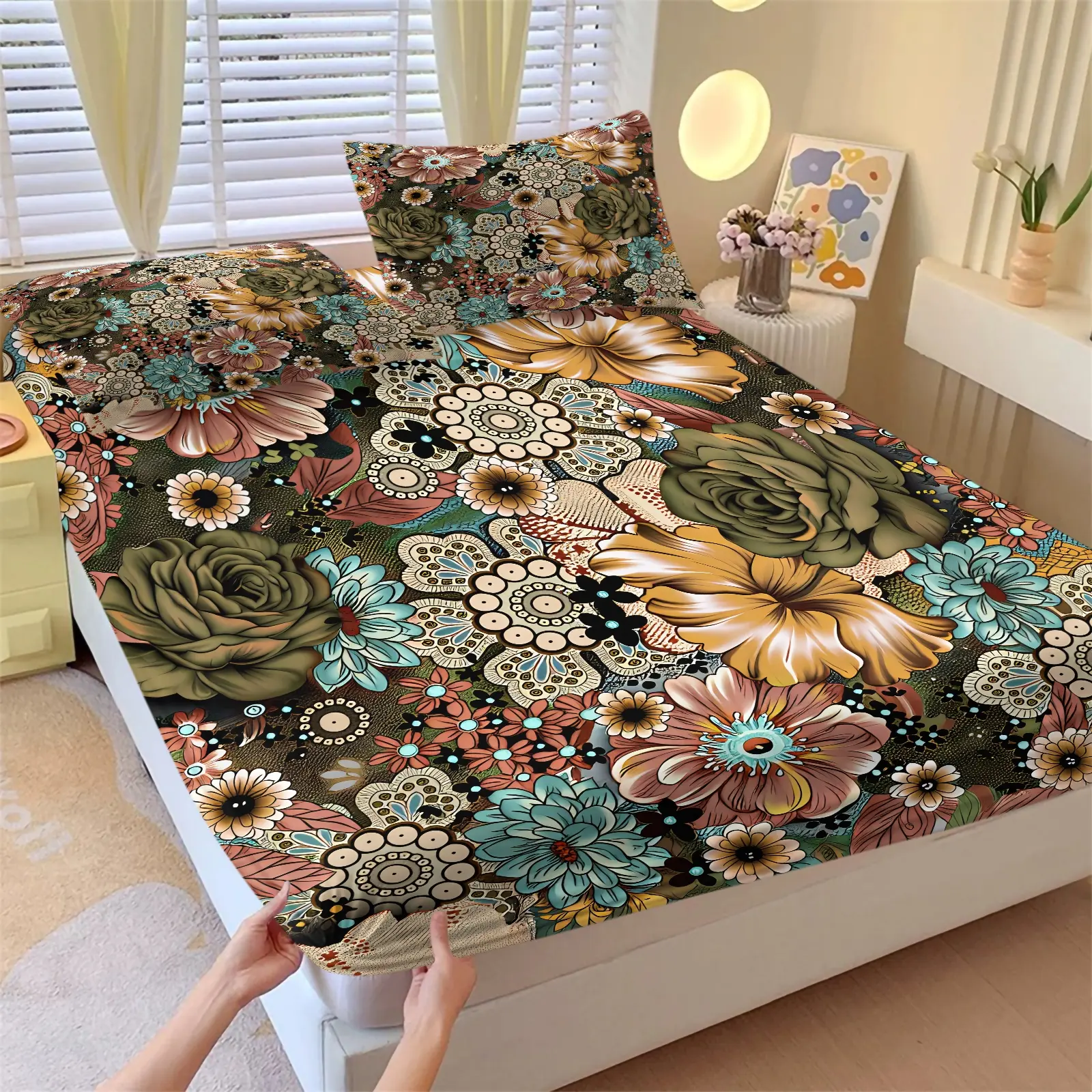Vintage Bohemian Dark Floral Print Fitted Sheet Set, 1 Fitted Sheet & 2 Pillowcase, Boho Cottagecore Art Bedding, Oil Painting Rose Daisy Bed Set, Soft Skin-Friendly, Retro Art Dorm Decor, Retro Art Bedroom Decor, Flower Lover Gift, Botanical Bedding Set