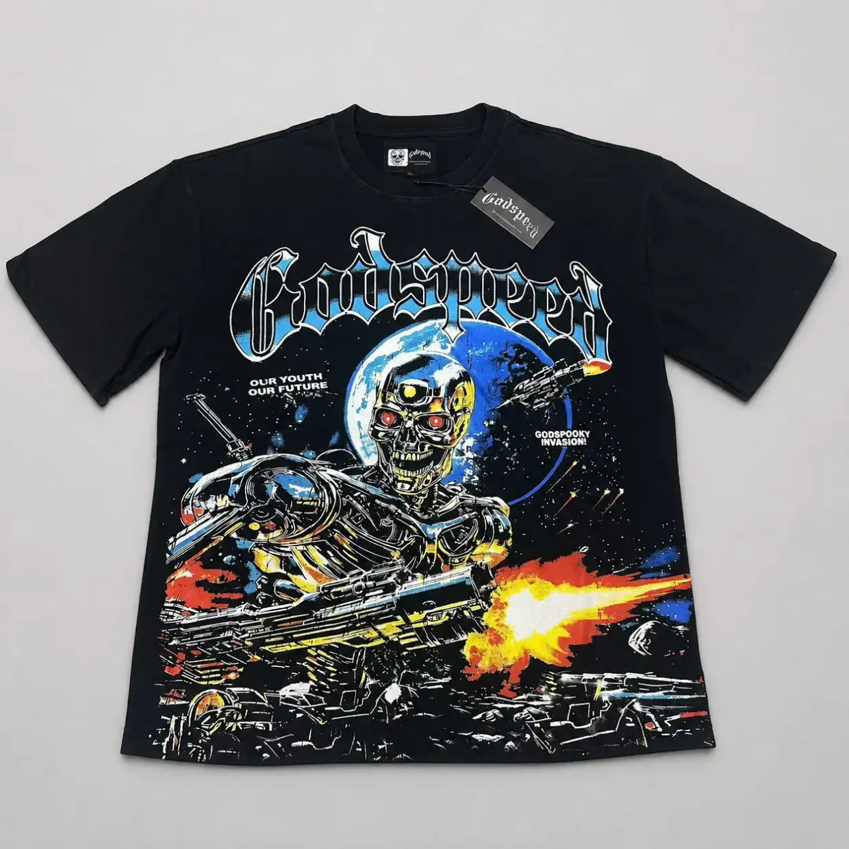 GODSPEED Letter Print Graphic T-Shirt, Y2K 2000s Hip Hop Streetwear Loose Fit Cotton Short Sleeve Crewneck Tee for Men Women Couples, Retro Vintage Casual Birthday Christmas Gift Top Fashion Accessories