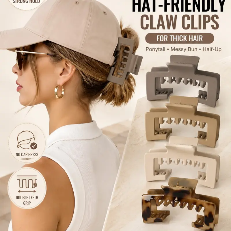 4Pcs Extra Large Claw Clips for Thick Hair Hat Friendly Square Jaw Clips, Strong Hold Double Teeth Hair Clamps, Non Slip Rectangle Hair Accessories for Women, Hair Style Accessory, Baseball Cap Ponytail Messy Bun Half Up Styling Hair Clip