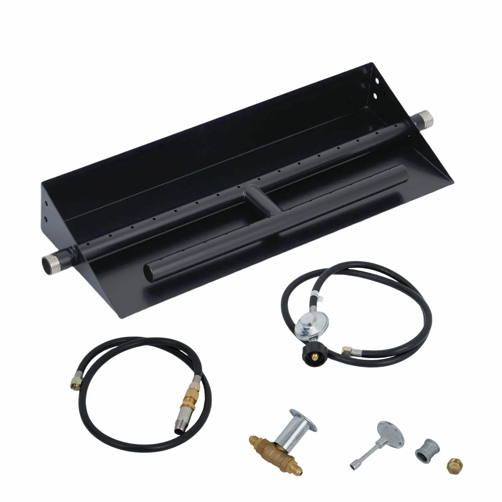 Rectangular Fire Pit Burner Pan Kit, 18 x 6 in or 22.5 x 6 in Drop-In Dual Row Gas Burner, Natural Gas or Propane Dual-Use, 80,000 BTU Black Powder-Coated Steel Alloy Fireplace Insert with Pipe, Spark Ignition Key & Hose for Indoor Outdoor Fire Pits