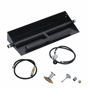 Rectangular Fire Pit Burner Pan Kit, 18 x 6 in or 22.5 x 6 in Drop-In Dual Row Gas Burner, Natural Gas or Propane Dual-Use, 80,000 BTU Black Powder-Coated Steel Alloy Fireplace Insert with Pipe, Spark Ignition Key & Hose for Indoor Outdoor Fire Pits