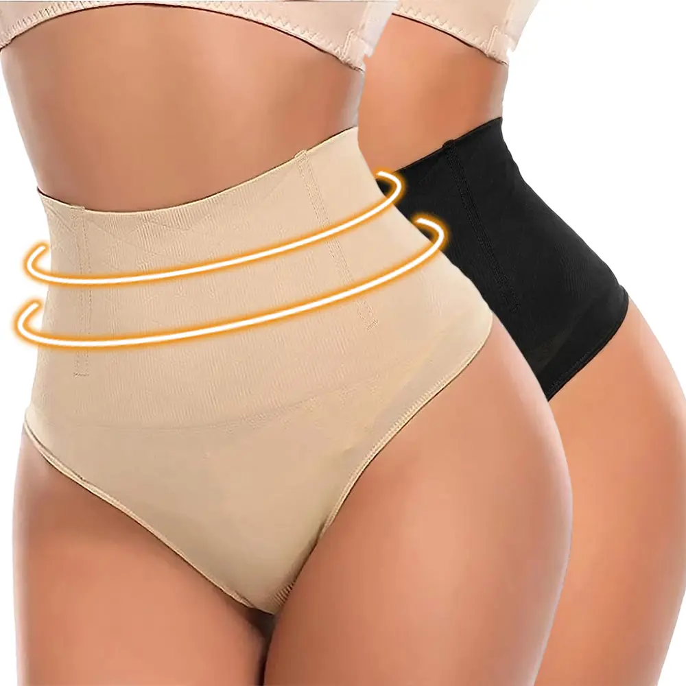 Women's High-Waist Seamless Tummy Control Thong Shapewear - 2pcs Black+Nude Basic Lady Panty, Compression Clothes for Sports Underwear Needs, Hand Wash, Seamless Cut, Solid Plain, Nylon Blend
