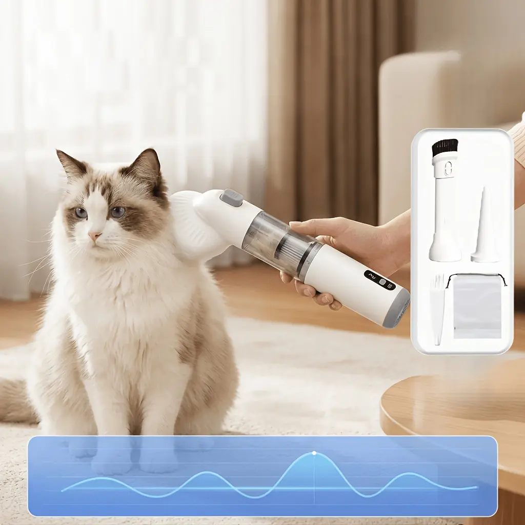 A Handheld Pet Vacuum Cleaner That Combs and Sucks up Hair as It Goes, Preventing It from Scattering. Its Powerful Suction Sweeps Away Hair and Dirt. Features a Three-in-one Vacuum, Blower, and Comb Function. Equipped with a Type-C Port for Easy