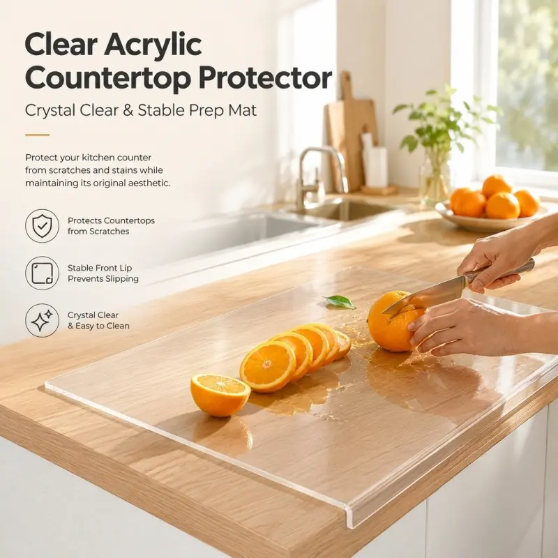 Clear Acrylic Countertop Protector Mat with Front Lip, Non-Slip Kitchen Prep Worktop Guard to Prevent Scratch & Stain, Transparent Cutting Board for Home Cooking