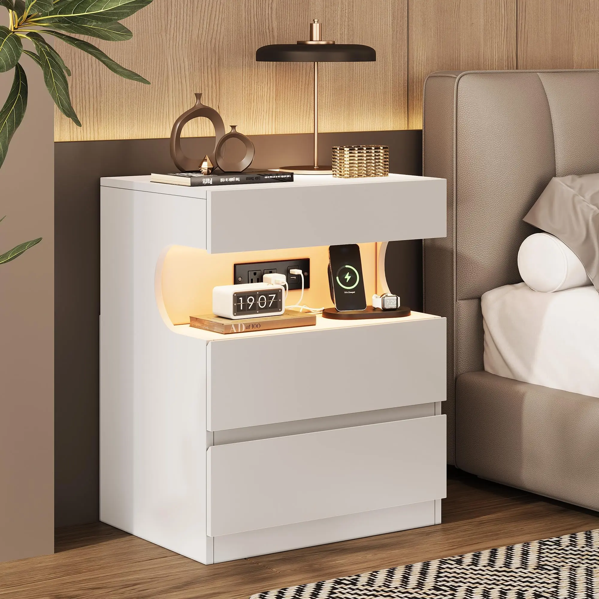 Mesita de Noche Inteligente con Luces LED App, estación de Carga USB y Tomas de Corriente, 3 cajones y Estante en U, Mesa Moderna para Dormitorio - Color: White