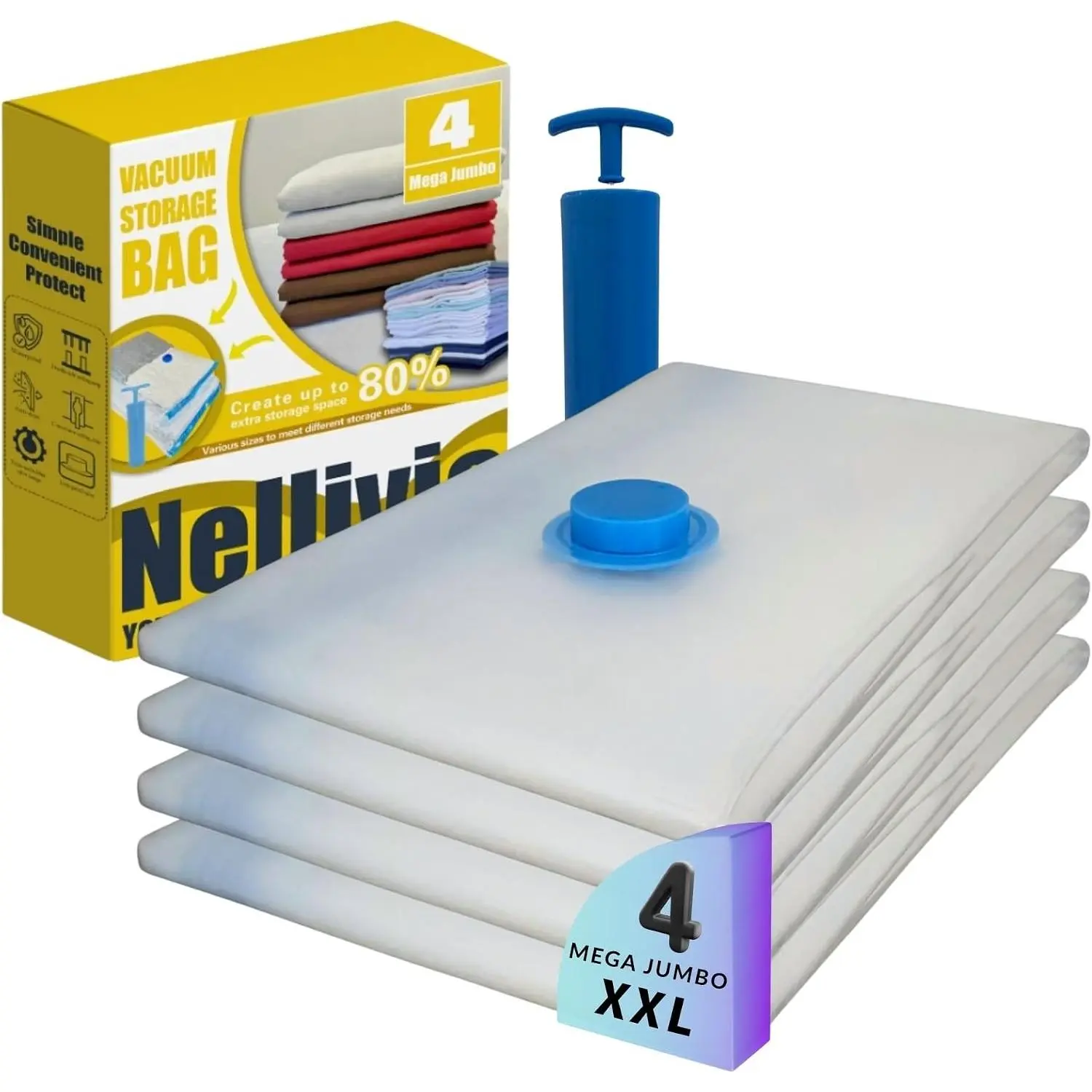 4 Mega Jumbo XXL Vacuum Storage Bags with Pump, Supersized Compression Space Saver for Comforter, duvet, Bedding, Blanket storage, Vacuum Seal Bags for Clothing, Durable Safe Poly MaterialGift