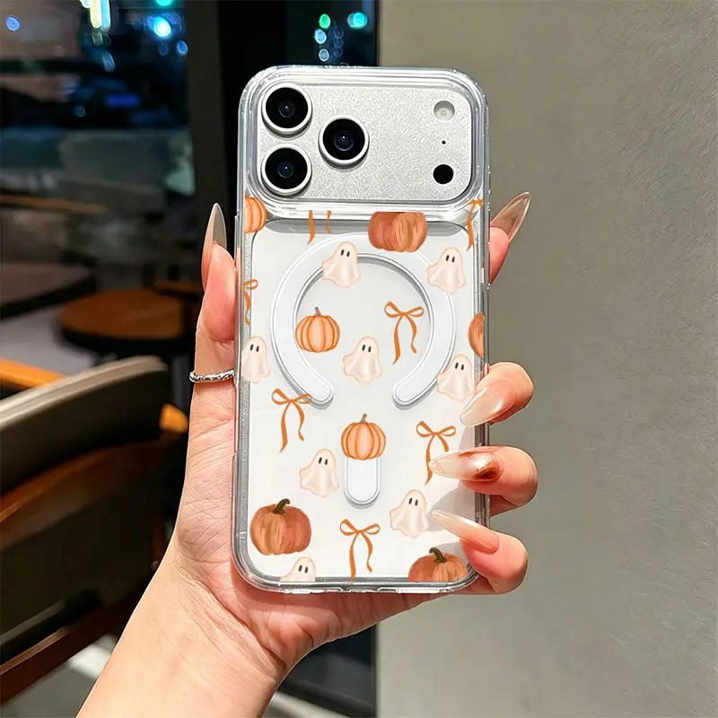 Ghost Pumpkin Orange Bow Watercolor Phone Case,Soft Fall Halloween Pattern for iPhone 17 16 15 14 13 12 11 Plus Pro Max,Tender Cute Autumn Season Surprise Present Gift
