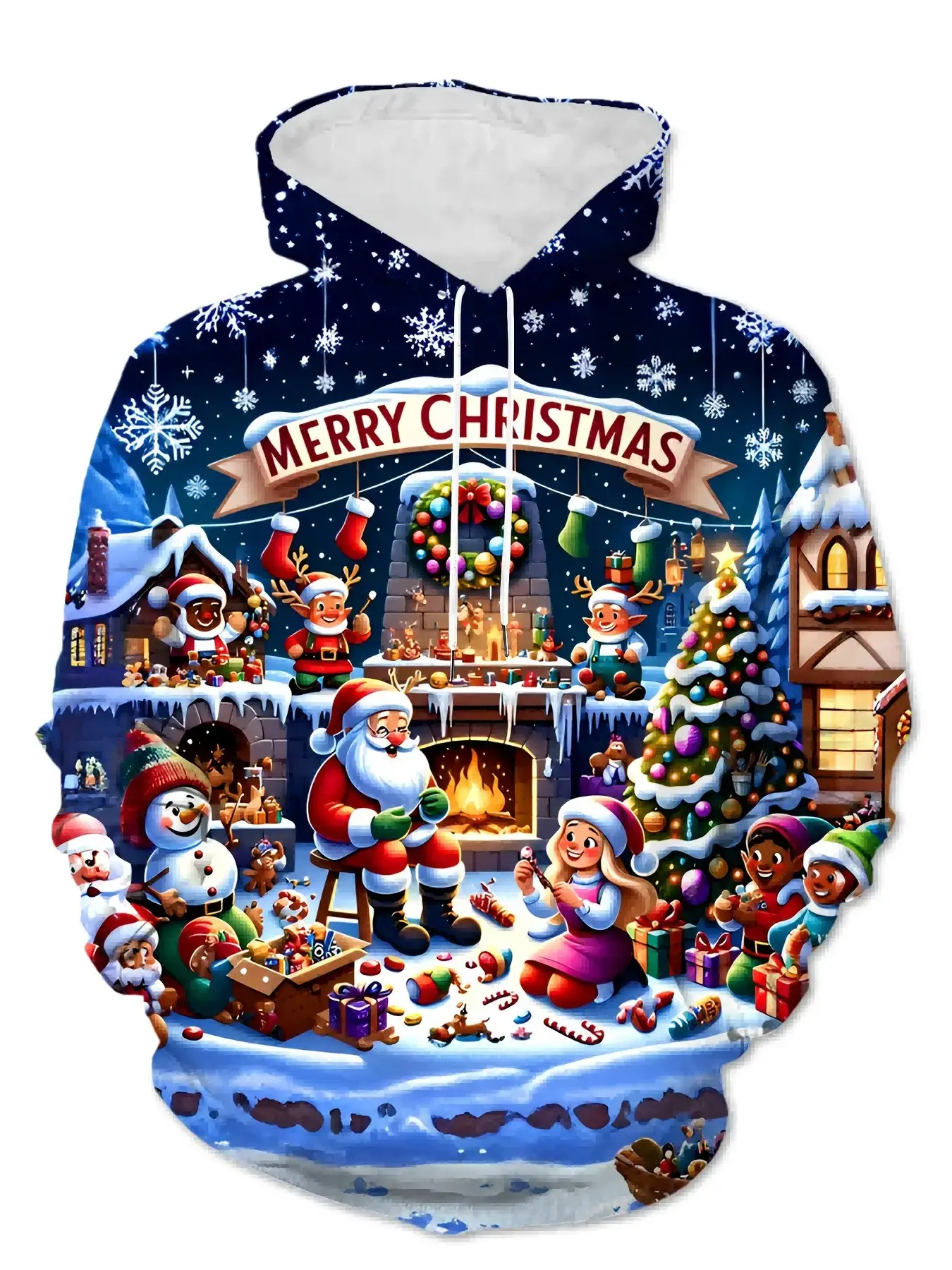 Deep Blue Starry Snowflake Santa Claus Cartoon 3D Full Print Hoodie, Unisex Loose Fit Casual Sweatshirt for Fall & Winter