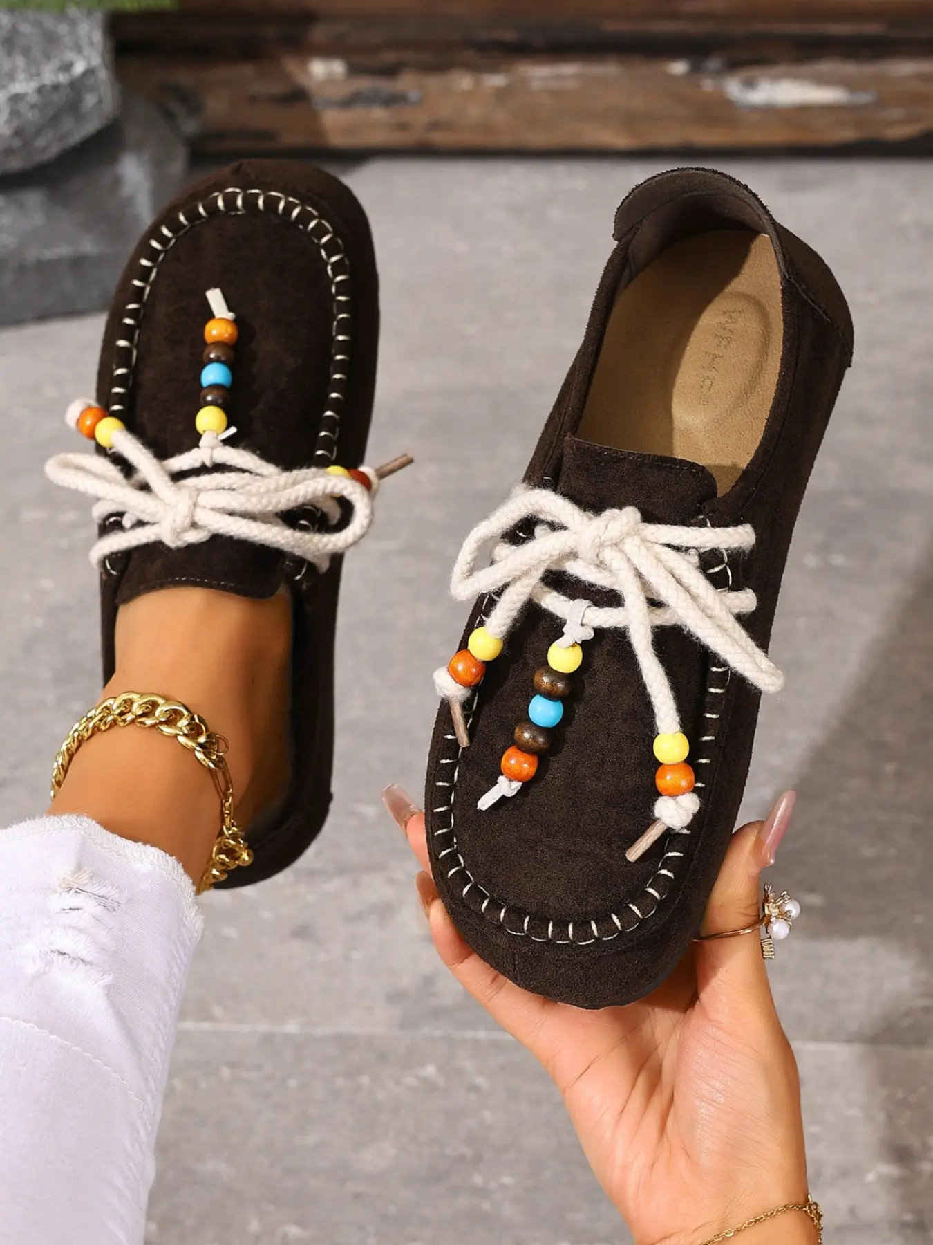 Women Boho Beaded Lace Up Moccasin Flats, Faux Suede Stitch Detail Closed Toe Casual Shoes, Vintage Comfort Walking Loafers For Shopping Travel Daily Streetwear, Bohemian Flat Shoes