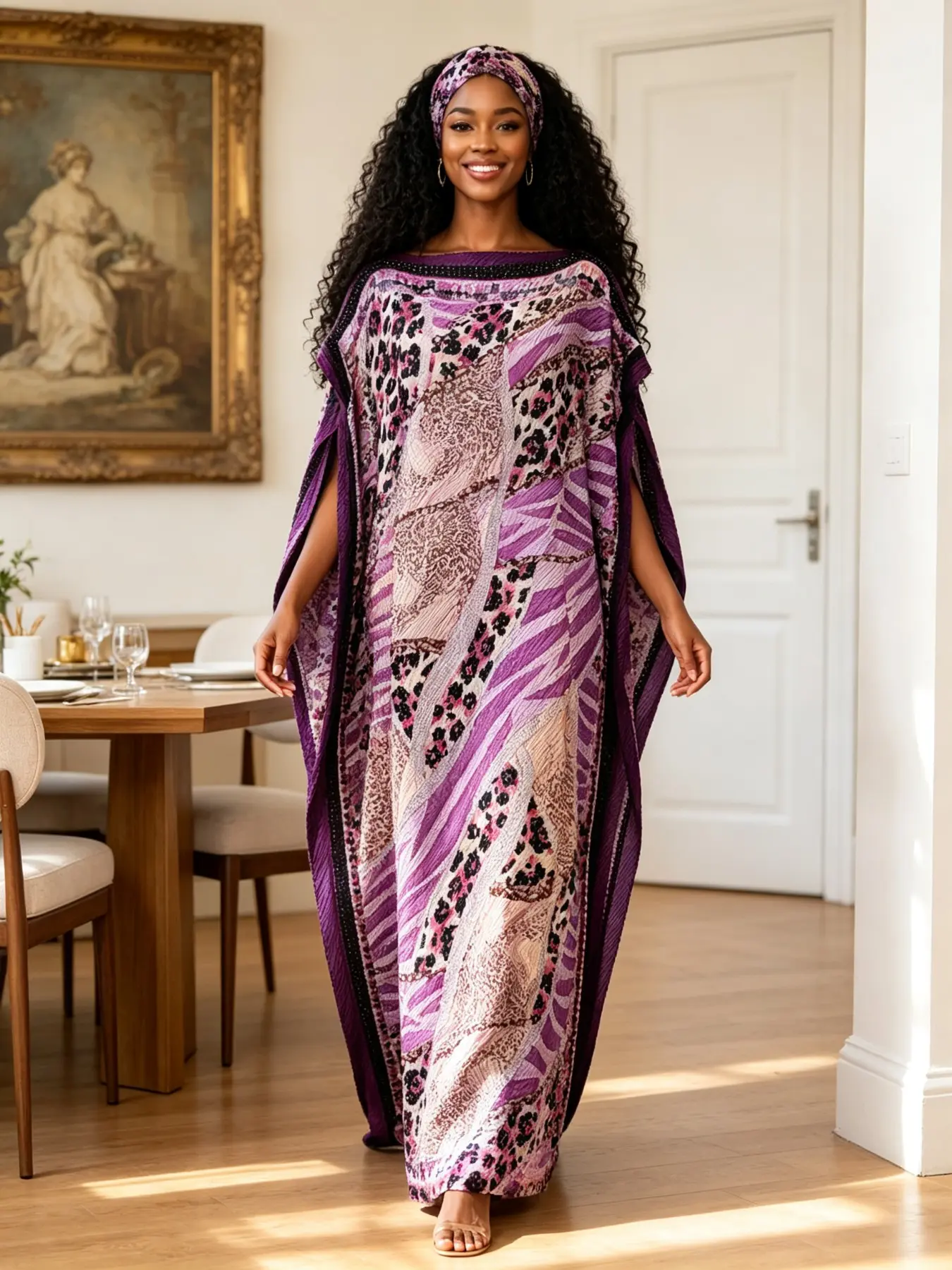 Plus Size Curvy Women 2Pcs Matching Loungewear Set, Casual, Purple Leopard Hotfix Rhinestone Printed Oversized Batwing Caftan with Decor Head Wrap, Soft Crinkle Pleated Sleep Robe, for Night Indoor Rest, Hotel Stays & Tropical Beach Getaway, Kaftan