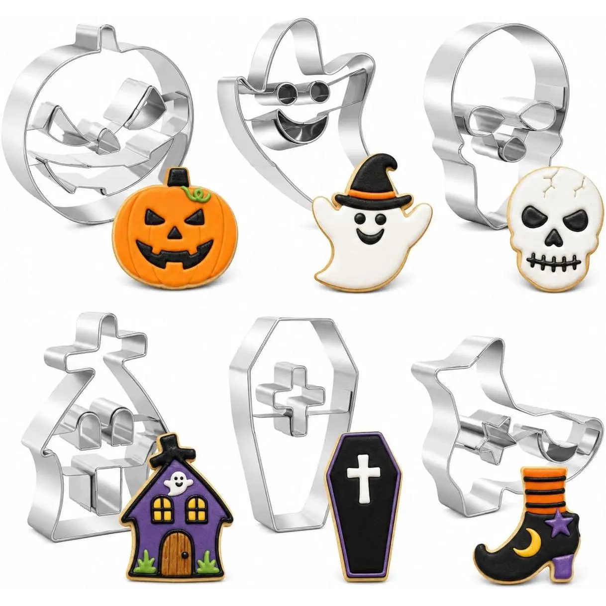 Halloween Cookie  Set,6 Pcs Stainless Steel Biscuit Cutters | Pumpkin,Skull,,Hunted House,Boots and Coffin Cookie Cutters for Halloween Party Decorations
