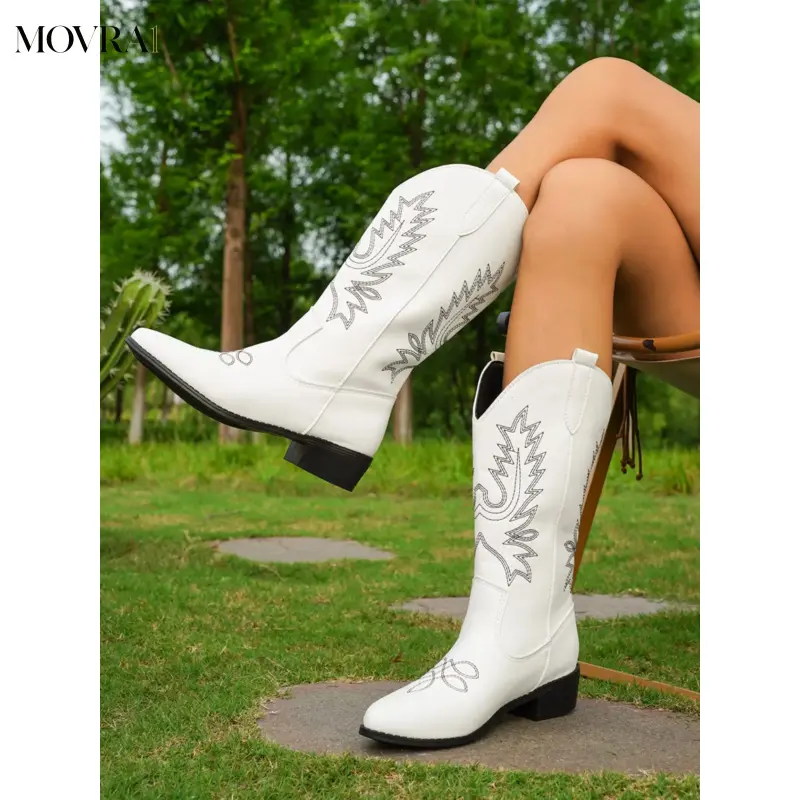 MOVRA1 Women's Embroidered Western Cowgirl Cowboy Boots, Pointed Toe Thick Heel PU Mid-Calf Boots, and Options, Vintage Fashion
