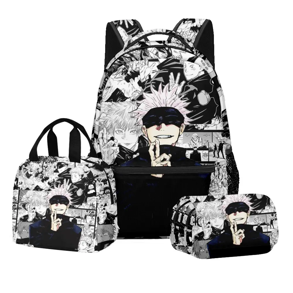 Jujutsu Kaisen Backpack Set, 3D Anime Print Student School Bag with Lunch Bag and Double Layer Pencil Case, 3PCS Kids Travel Backpack
