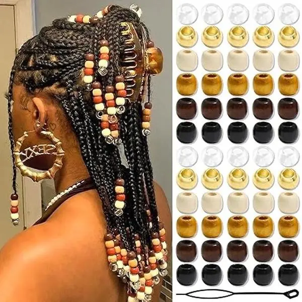 60Pcs Dreadlock Beads Set: Large Hole Braiding Hair Beads with Threader for Box Braids Women Girls Wood Plastic Mix Color Pony Hair Accessories
