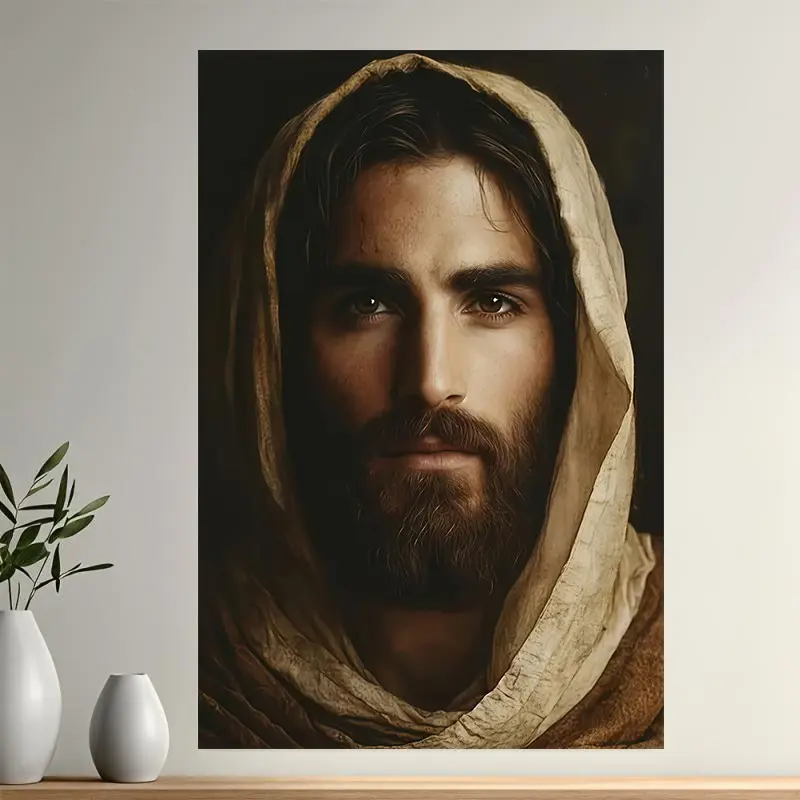 A single 2D flat piece of canvas wall painting of Jesus Christ - a realistic portrait of the living Savior, an Easter gift and a spiritual inspiration for religious home decoration, a scripture wall decoration, perfectly suitable for room decoration