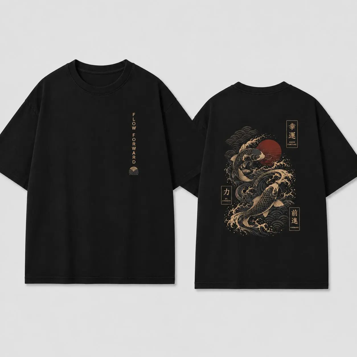 Japanese Koi Fish Flow Forward Double Sided Graphic T-Shirt, Vintage Asian Wave Lucky Carp Aesthetic Casual Unisex Tee