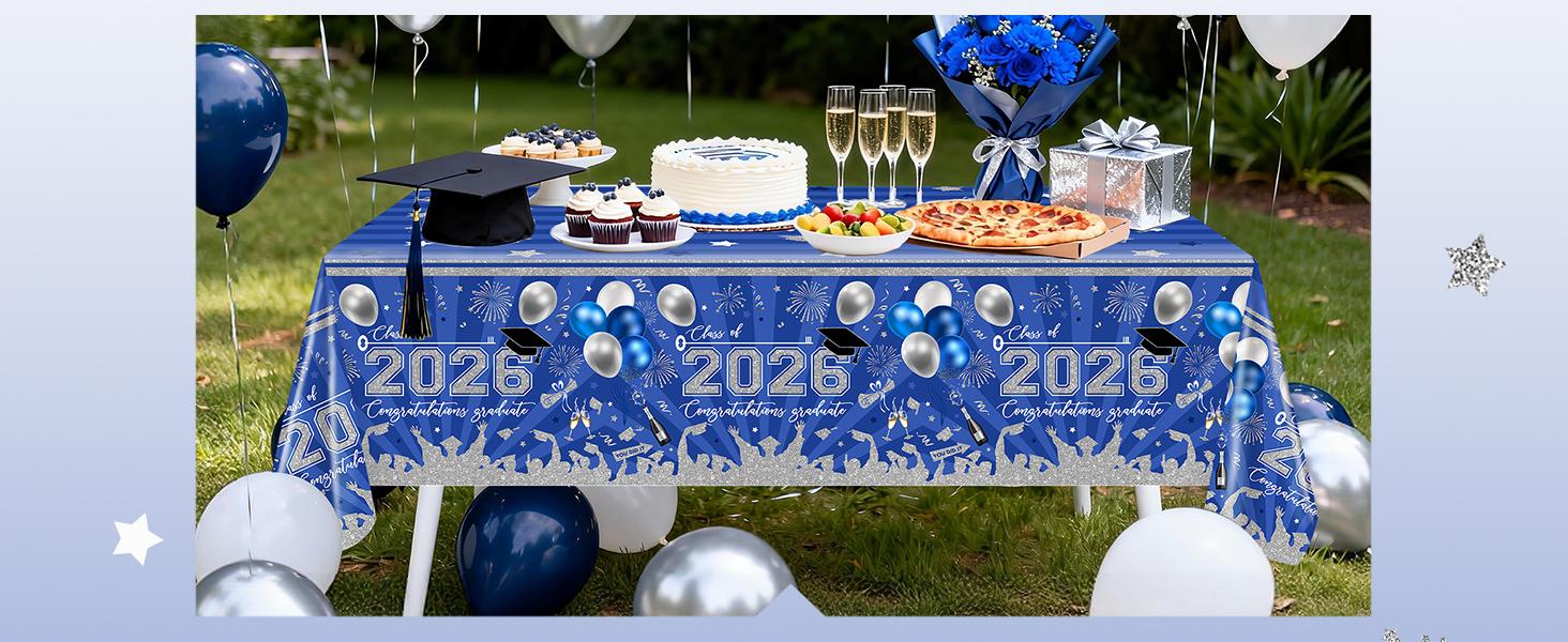 3 pcs Graduation Tablecloths 108x54 inch Graduation Table Cloths Class of 2026 Blue and Silver Tablecover Decorations Grad Plastic Tablecloth