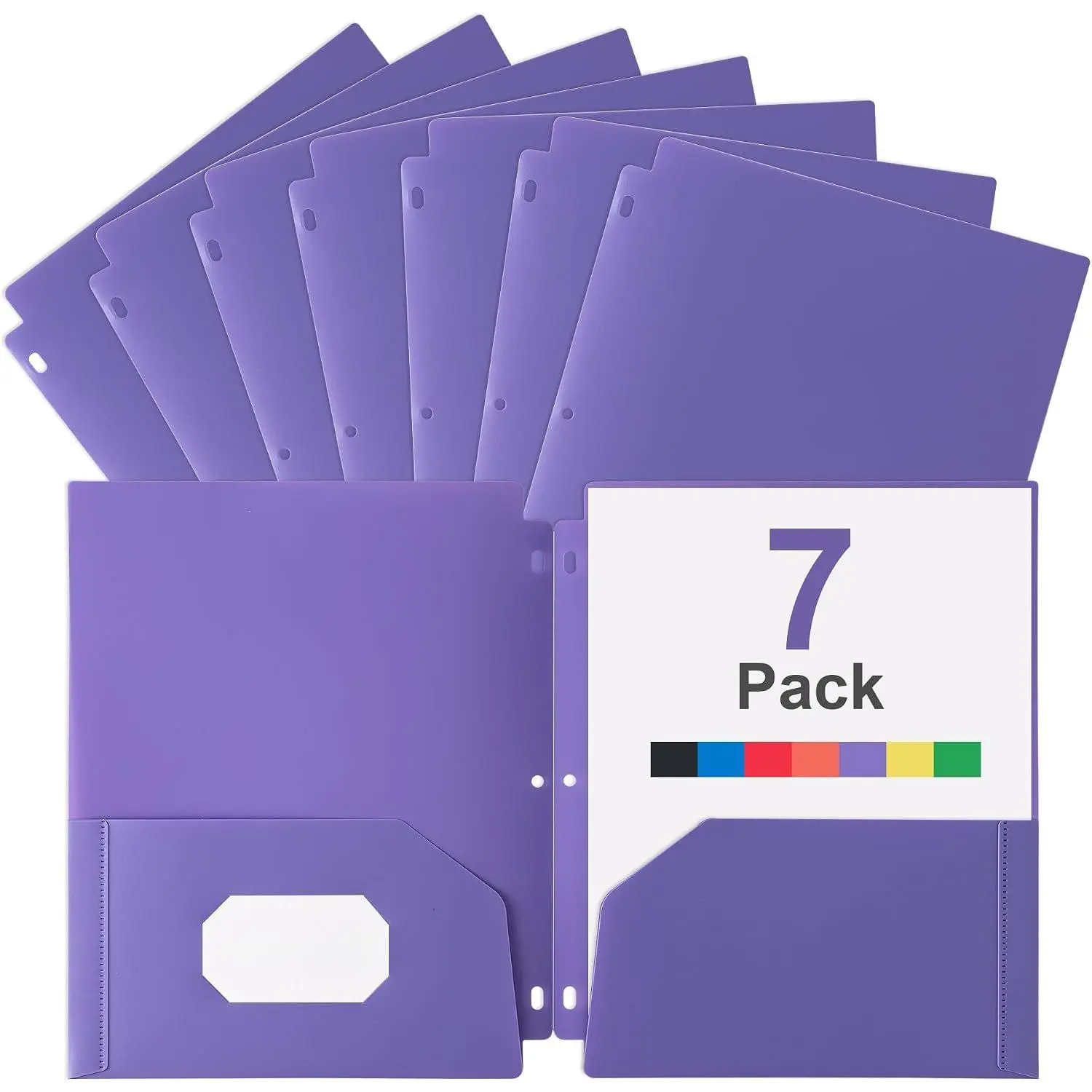 Plastic 3 Hole Punch Folders with Pockets (7 Pack, ) | Fits 3-Ring Binder, Divider Folder for Notebook, Durable Poly,Holds  Standard 8.5x11" Letter Size paper