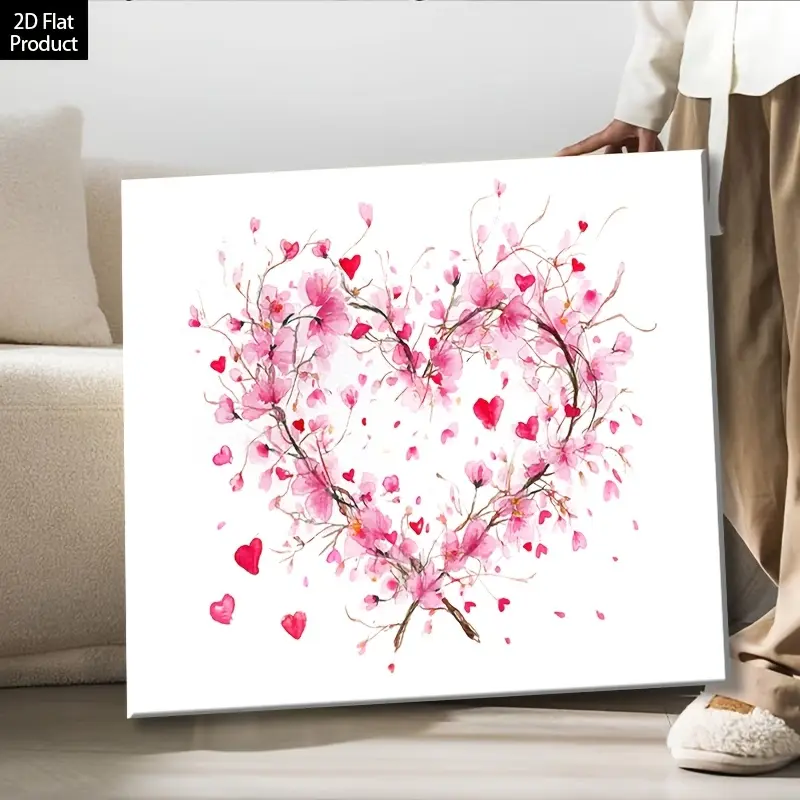 2D Flat, Valentine's Day Heart-Shaped Framed Canvas Wall Art - Watercolor Floral Heart with Pink Blossoms & Red Hearts, Wood Frame & Wrapped Canvas - Romantic / Suitable for for Home Decor - Perfect Gift for Him or Her, Rustic Modern Style, Durable