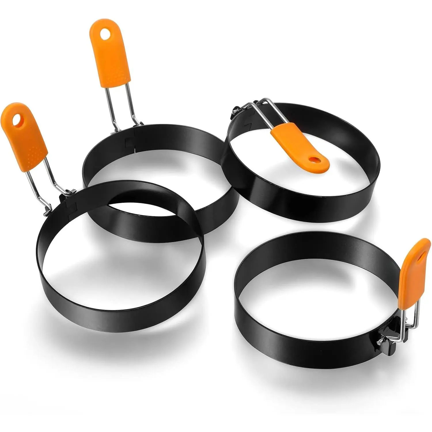 4-Inch Stainless Steel Kitchen Utensils Egg Fry Mold Set (4-Count) - Circle Shapers with Orange Handles for Breakfast Omelets, Pancakes, Sandwiches