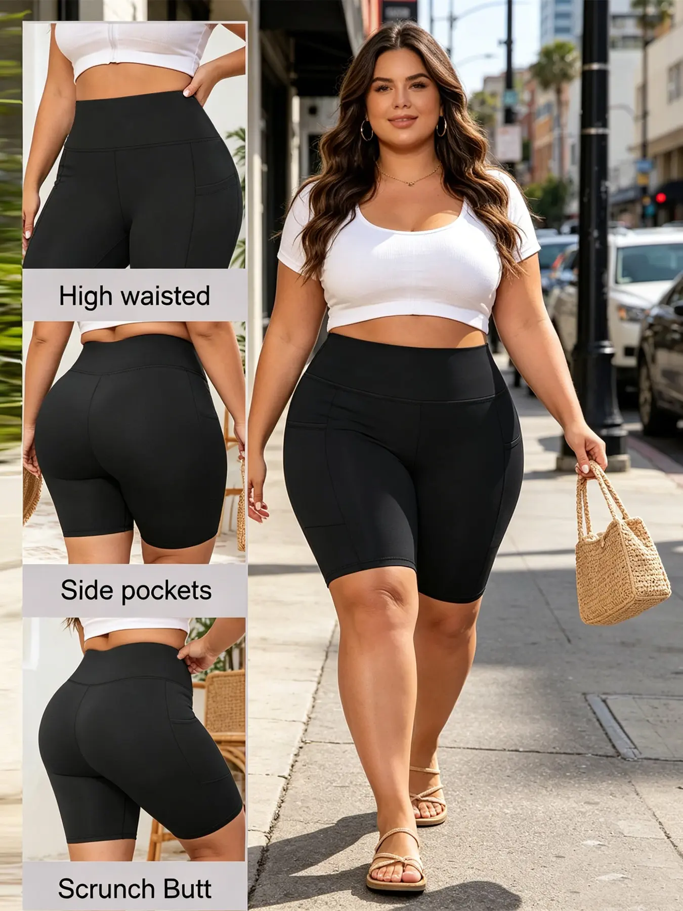 Women's Plus Size High Waist Capri Pants with Side Pockets, Casual Slim-Fitting Athletic Shorts for Outdoor Cycling and Running, Athleisure Shorts, Activewear Shorts, Running Sports Shorts