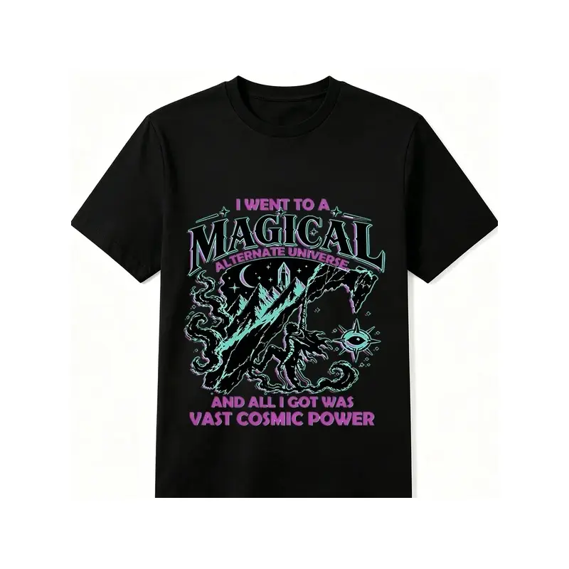 Unisex Short-Sleeve Cotton Sports Top - Cosmic Print, Black Vast Cosmic Power Magical Alternate Universe Graphic, Summer Casual Wear for Hiking & Light Outdoor Activities, Shortsleeve