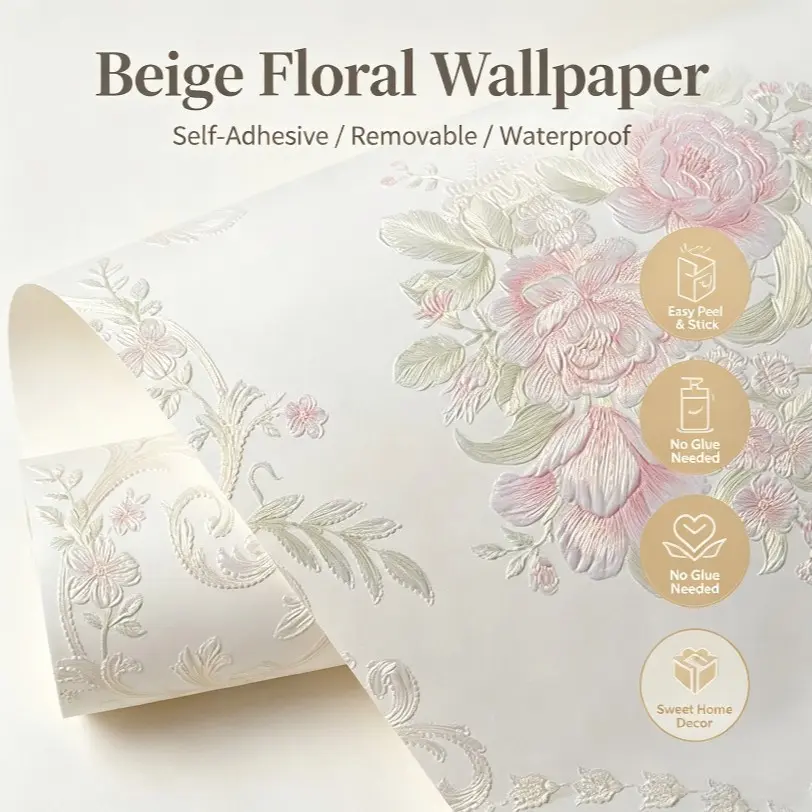 1 Roll 53cm*1000cmBeige Floral Peel and Stick Wallpaper, Waterproof Removable Vintage Flower Wall Sticker, Warm Home Renovation for Bedroom Living Room Rental House