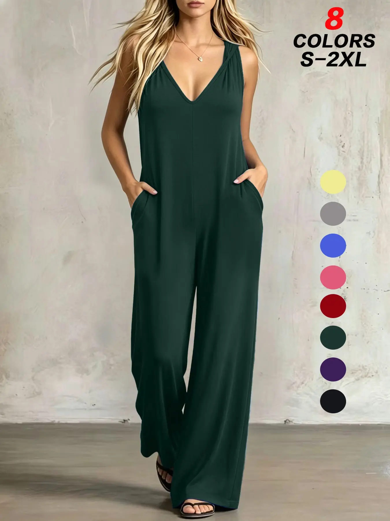 Ladies Minimalist V Neck Hooded Jumpsuit, Solid Tone Functional Pockets, Breathable Summer, Comfortable and Stylish