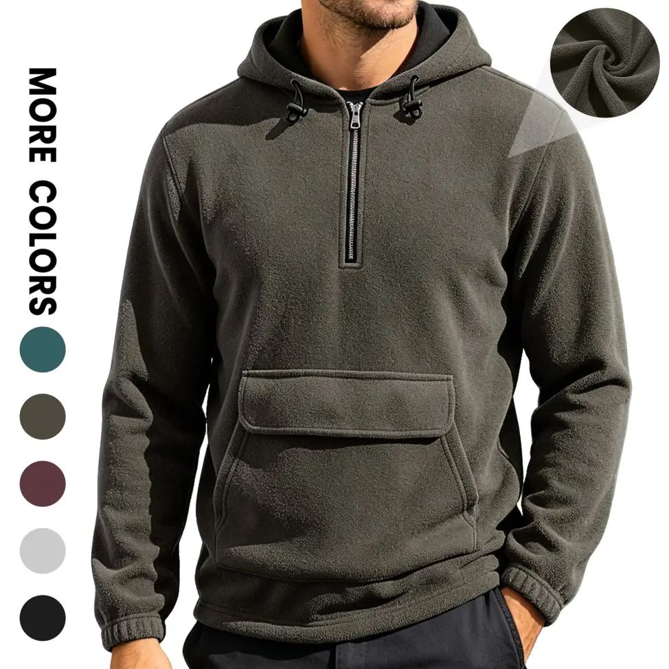 Men’s Fleece Half Zip Hoodie, Warm Casual Pullover Sweatshirt, Loose Fit Long Sleeve Hooded Top For Fall Winter Daily Wear And Outdoor Activities