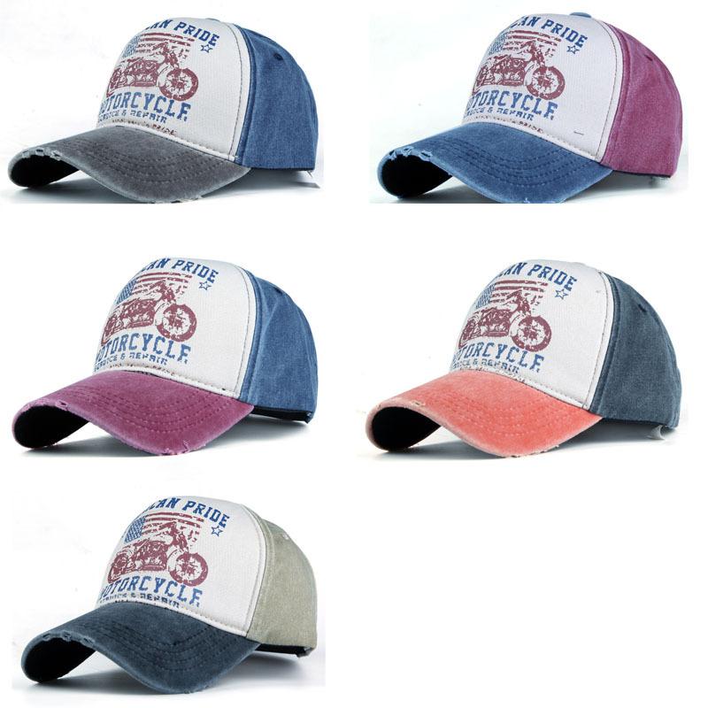 Pure cotton five-panel printed motorcycle baseball cap, trucker cap, distressed washed hat, outdoor sun hat, trendy Korean style