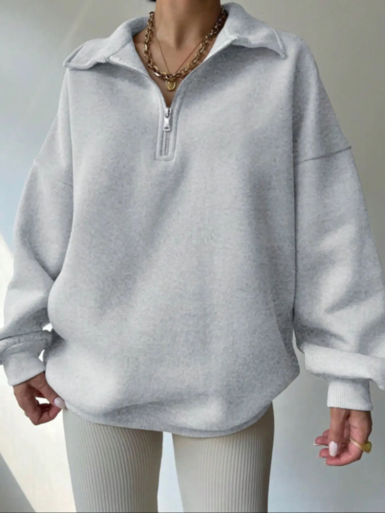 Autumn Winter Half-Zip Long Sleeve Fleece Lined Loose Fit Baggy High Neck Knit Everyday Sweatshirt Jacket, Unisex Casual Fashion Outerwear Womenswear