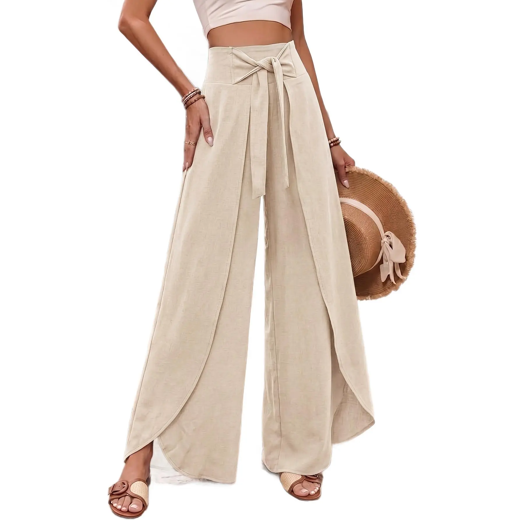 Women’s High-Waisted Tie-Waist Wide-Leg Crepe Spandex Pants - Flowy Wrap-Overlay Palazzo Trousers, Solid Casual Resort Bottoms for Beach Vacation, Brunch; Pair with Crop Tops, Blouses, Bodysuits