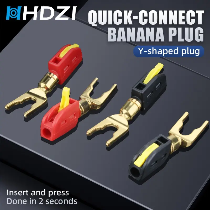 Portable Y-Type Banana Plug, Push-Button No-Solder Design, 24k Gold Plated Terminal, Fireproof Nylon Shell, Ideal for Hi-Fi Speakers