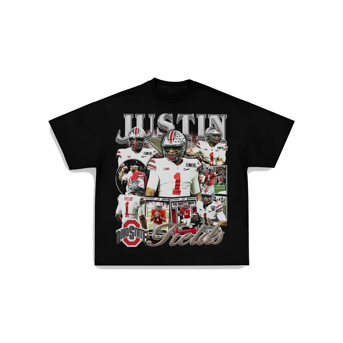 Women's Justin Fields Bold OSU Print Short Sleeve Crewneck T-Shirt, Breathable Soft Casual Stylish Streetwear Top for Halloween, Machine Wash.